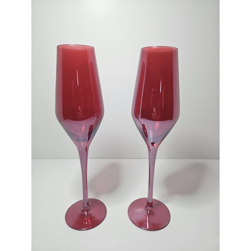 Estelle Colored Glass Red Champagne Flutes Hand Blown Stemware Set of 2 Poland